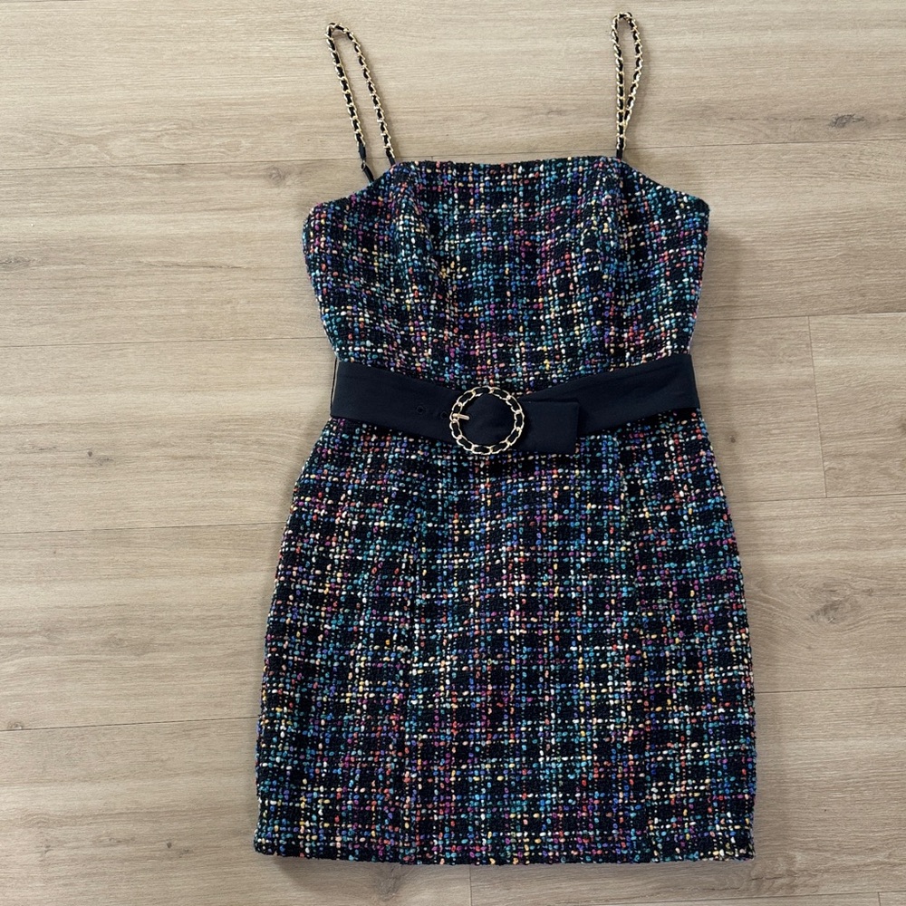 Amanda Uprichard Multicolor Tweed Mini Dress with Chain-Trim Straps